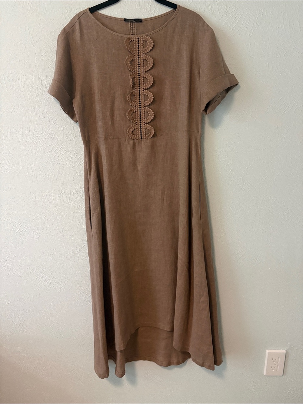 High-Low Brown Short-Sleeve Dress with Scallop Trim
